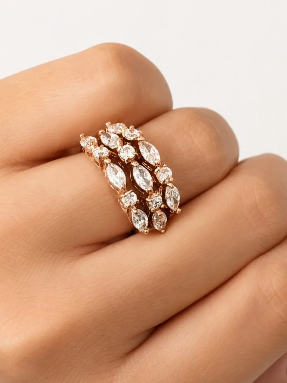 Set of 3 Cocktail rings Gold Plated Color w SZ Clear Mix Shape Sones Sz.8